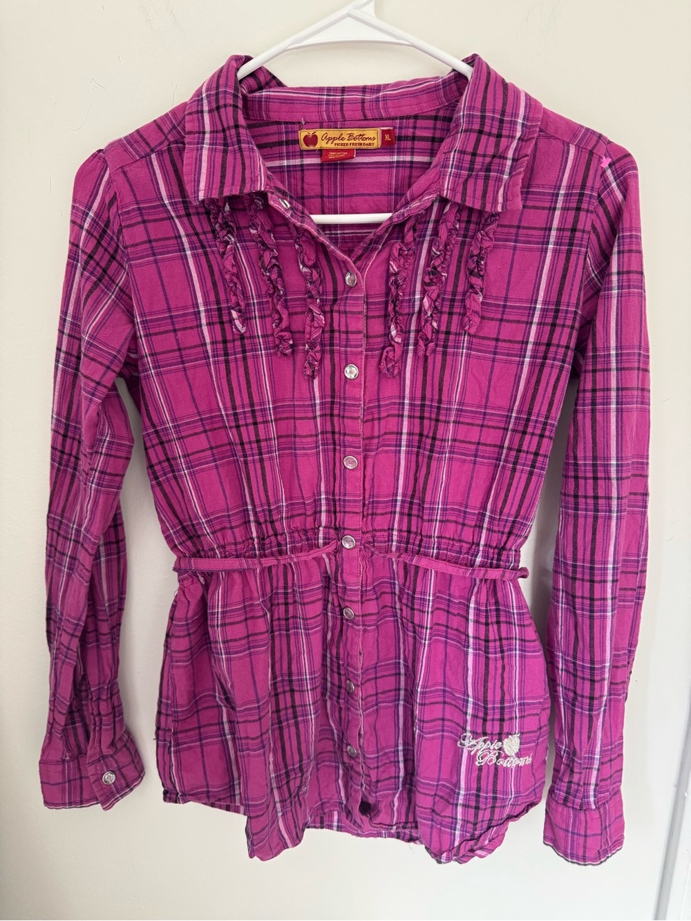 Vintage Apple Bottoms Plaid Ruffle Babydoll Shirt Pink Purple Blouse Y2K